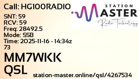 QSL Card for MM7WKK QSO with HG100RADIO