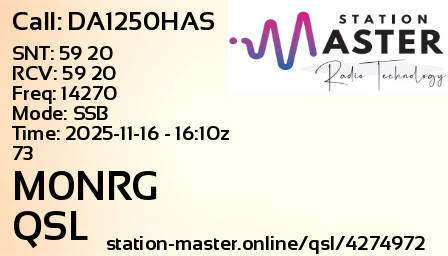 QSL Card for M0NRG QSO with DA1250HAS