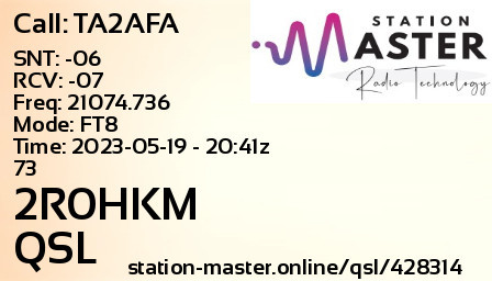 QSL Card for 2R0HKM QSO with TA2AFA