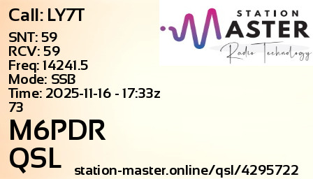 QSL Card for M6PDR QSO with LY7T