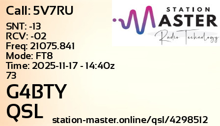 QSL Card for G4BTY QSO with 5V7RU