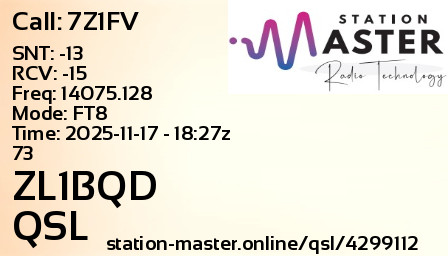 QSL Card for ZL1BQD QSO with 7Z1FV
