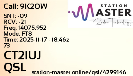 QSL Card for CT2IUJ QSO with 9K2OW