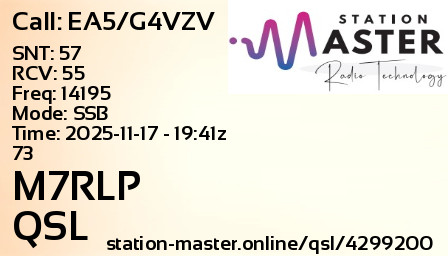 QSL Card for M7RLP QSO with EA5/G4VZV
