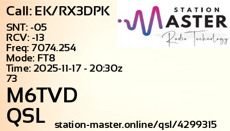 QSL Card for M6TVD QSO with EK/RX3DPK