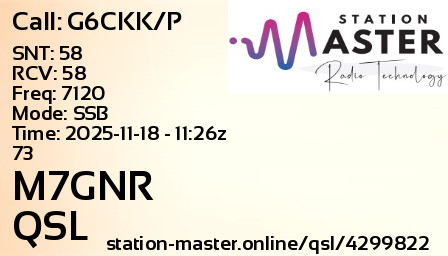 QSL Card for M7GNR QSO with G6CKK/P