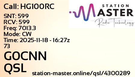 QSL Card for G0CNN QSO with HG100RC