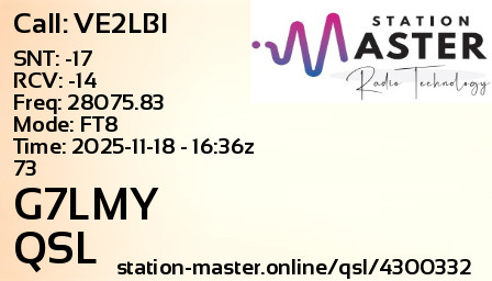 QSL Card for G7LMY QSO with VE2LBI