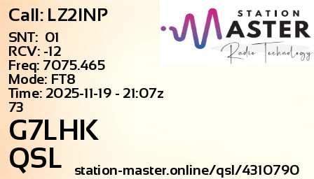 QSL Card for G7LHK QSO with LZ2INP