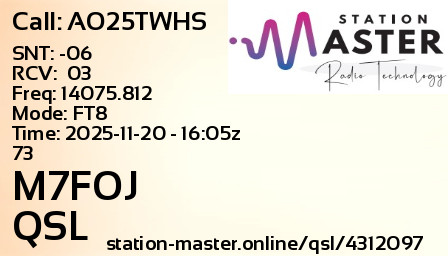 QSL Card for M7FOJ QSO with AO25TWHS