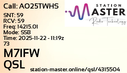 QSL Card for M7IFW QSO with AO25TWHS