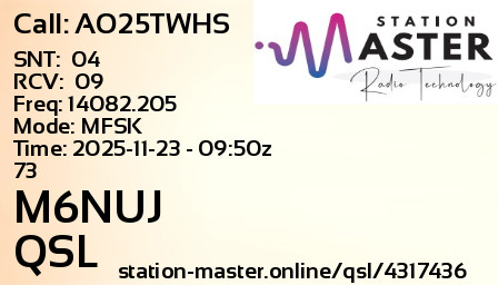 QSL Card for M6NUJ QSO with AO25TWHS
