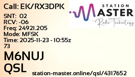QSL Card for M6NUJ QSO with EK/RX3DPK