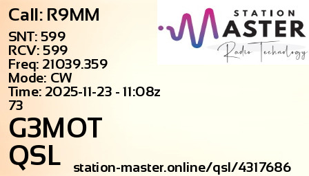 QSL Card for G3MOT QSO with R9MM