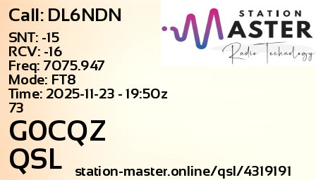 QSL Card for G0CQZ QSO with DL6NDN