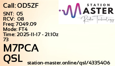 QSL Card for M7PCA QSO with OD5ZF