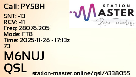 QSL Card for M6NUJ QSO with PY5BH