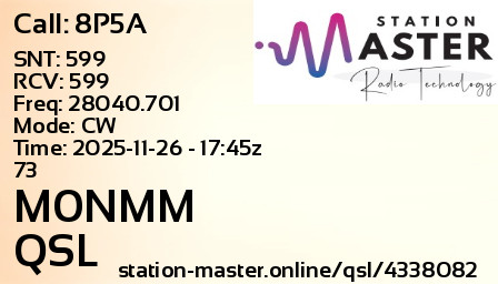 QSL Card for M0NMM QSO with 8P5A