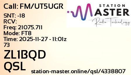 QSL Card for ZL1BQD QSO with FM/UT5UGR