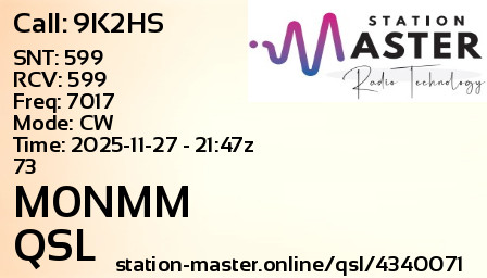 QSL Card for M0NMM QSO with 9K2HS