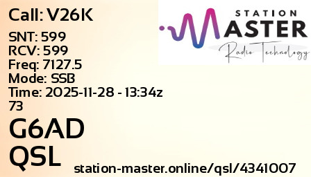 QSL Card for G6AD QSO with V26K