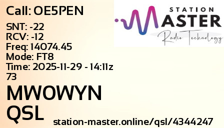 QSL Card for MW0WYN QSO with OE5PEN