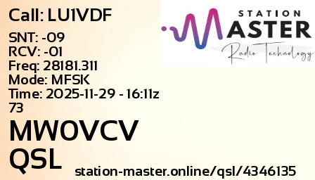 QSL Card for MW0VCV QSO with LU1VDF