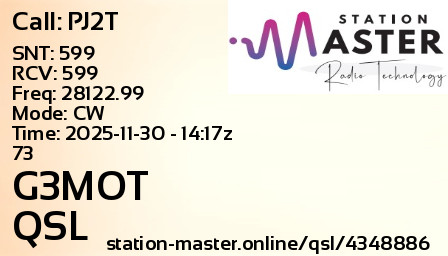 QSL Card for G3MOT QSO with PJ2T