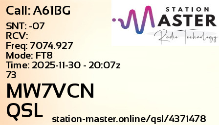 QSL Card for MW7VCN QSO with A61BG