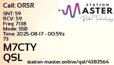 QSL Card for M7CTY QSO with OR5R