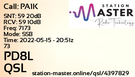 QSL Card for PD8L QSO with PA1K