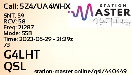 QSL Card for G4LHT QSO with 5Z4/UA4WHX