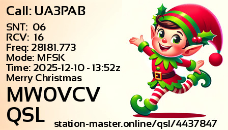QSL Card for MW0VCV QSO with UA3PAB