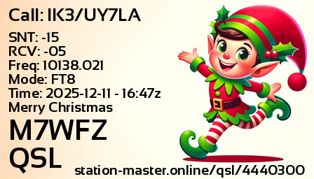 QSL Card for M7WFZ QSO with IK3/UY7LA