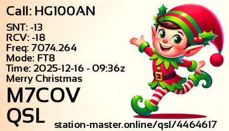 QSL Card for M7COV QSO with HG100AN