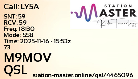 QSL Card for M9MOV QSO with LY5A