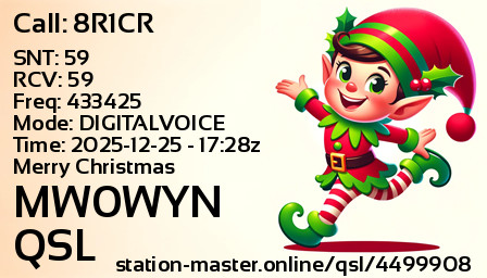 QSL Card for MW0WYN QSO with 8R1CR