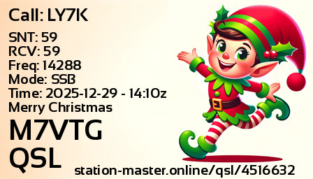 QSL Card for M7VTG QSO with LY7K