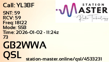 QSL Card for GB2WWA QSO with YL3BF