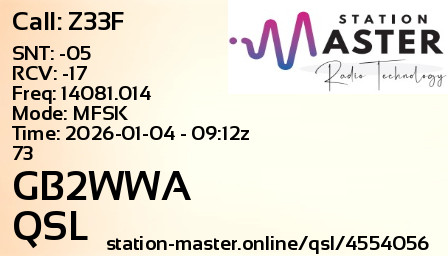 QSL Card for GB2WWA QSO with Z33F