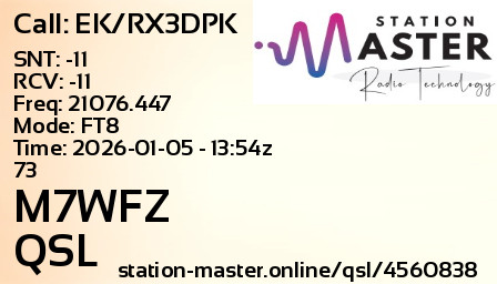 QSL Card for M7WFZ QSO with EK/RX3DPK