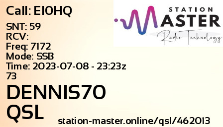 QSL Card for DENNIS70 QSO with EI0HQ