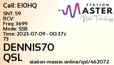 QSL Card for DENNIS70 QSO with EI0HQ
