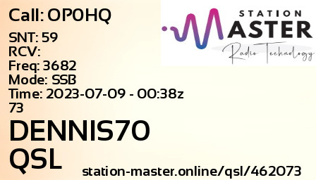 QSL Card for DENNIS70 QSO with OP0HQ