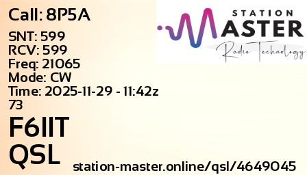 QSL Card for F6IIT QSO with 8P5A