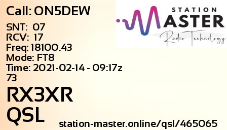 QSL Card for RX3XR QSO with ON5DEW