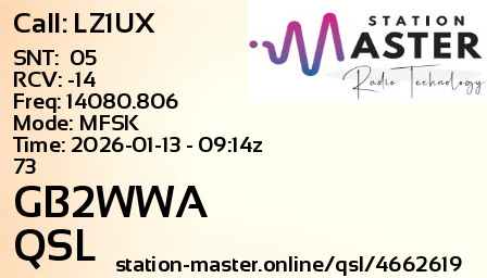 QSL Card for GB2WWA QSO with LZ1UX