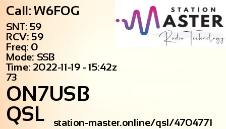 QSL Card for ON7USB QSO with W6FOG
