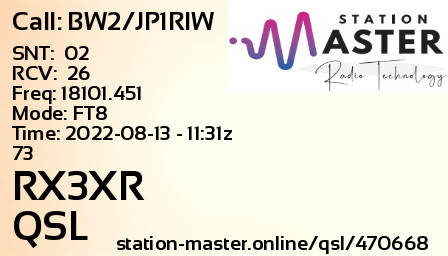 QSL Card for RX3XR QSO with BW2/JP1RIW