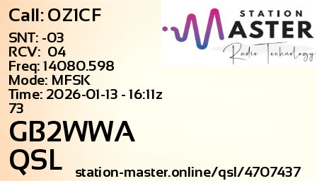 QSL Card for GB2WWA QSO with OZ1CF